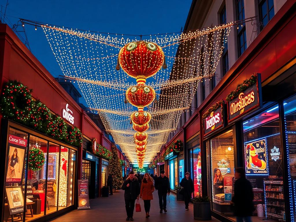 Shopping center holiday lighting display for commercial Christmas light installation in the Colorado Springs service area